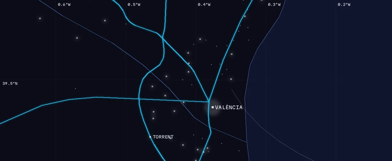 Trazado de red sobre cartografía en tema oscuro